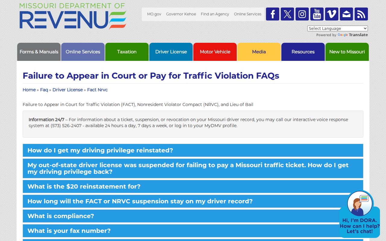 Missouri DOR traffic failure-to-appear compliance instructions
